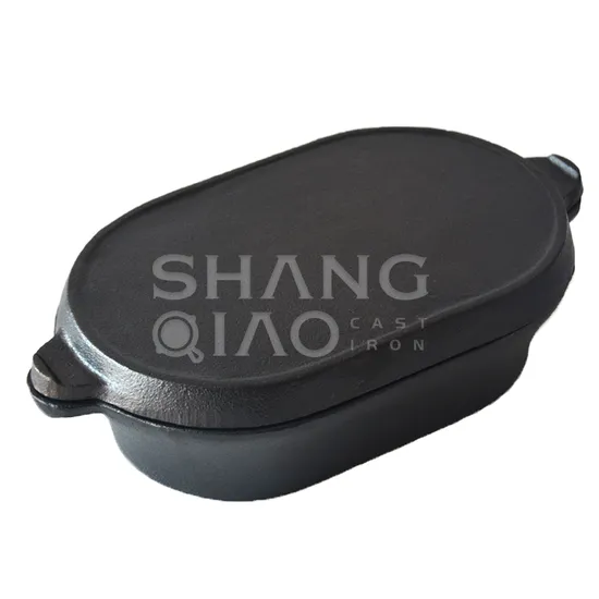 Cast Iron Double Use Oval Roaster Pan with Grill Lid 