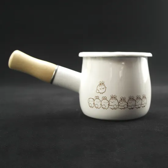 Custom Decal Enamel Saucepan Rolled Rim Mini Saucepan with Wooden Handle 